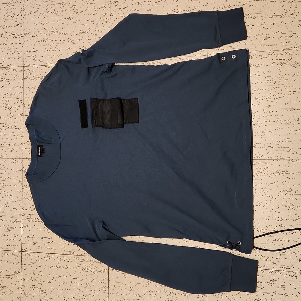 Diesel Navy Blue Spell Out Stripe Logo Long Sleeve Big Pocket Shirt